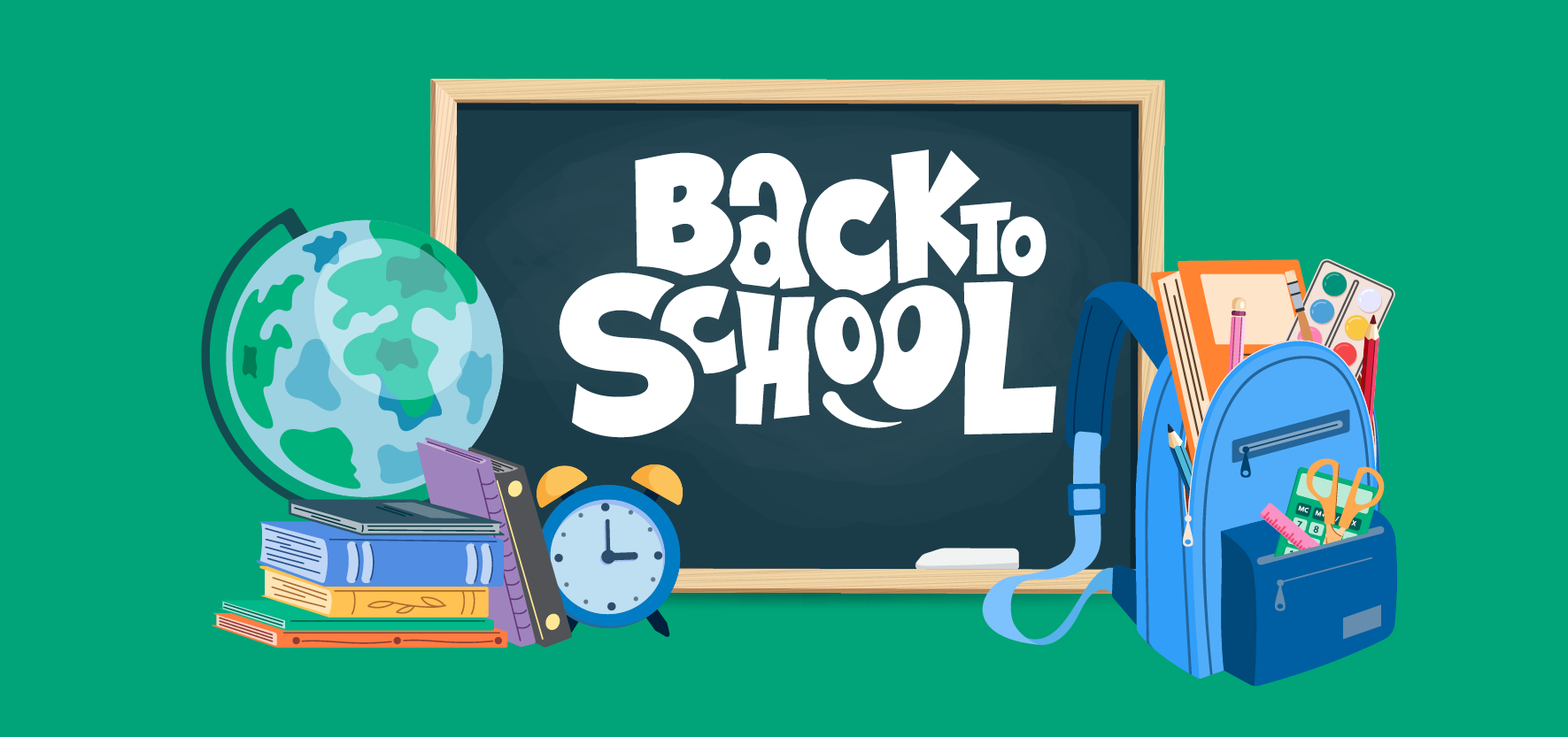 An illustration of a chalkboard that reads "Back to School," surrounded by a globe, a stack of books, and a blue backpack filled with school supplies against a green background.