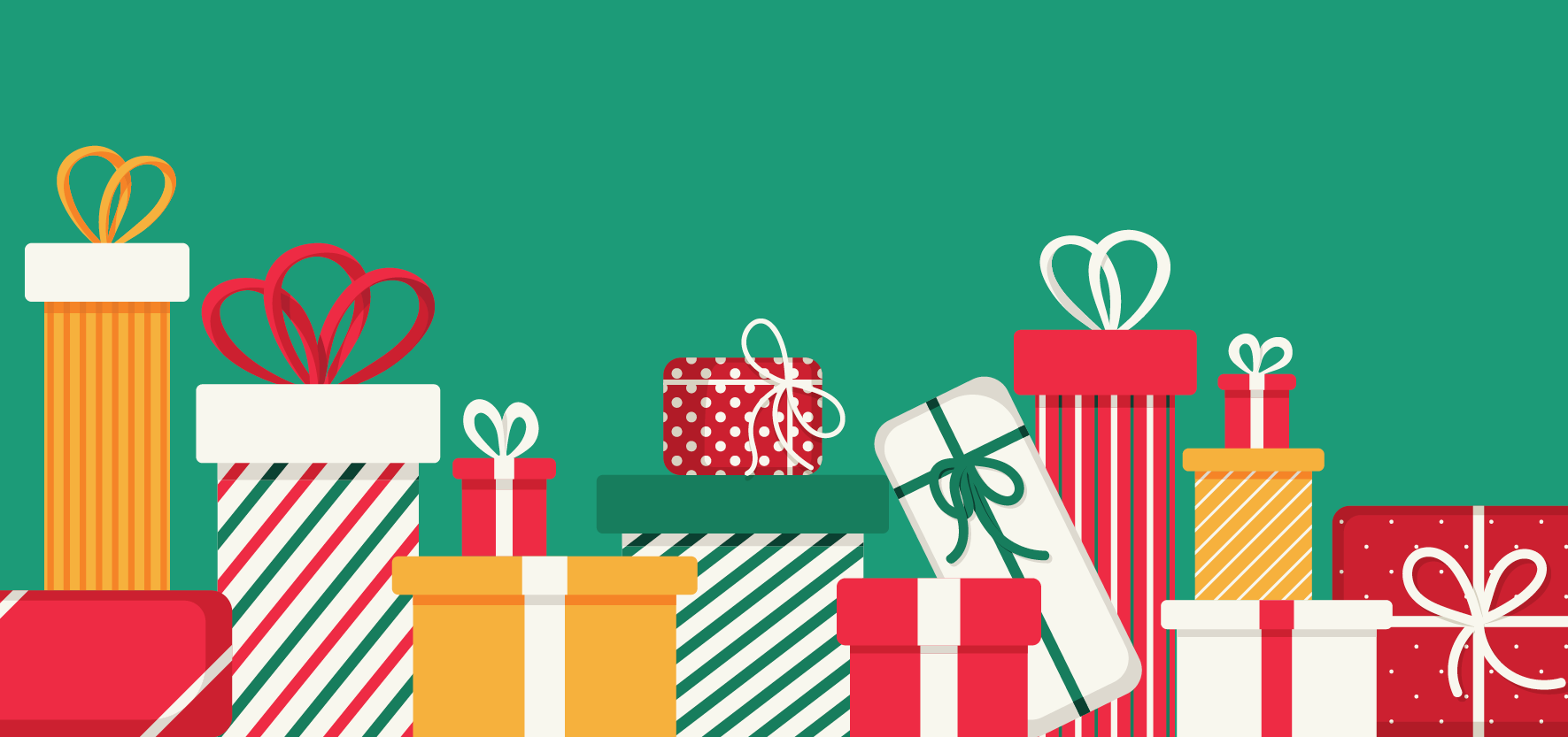 An illustration of Christmas gifts and decorations